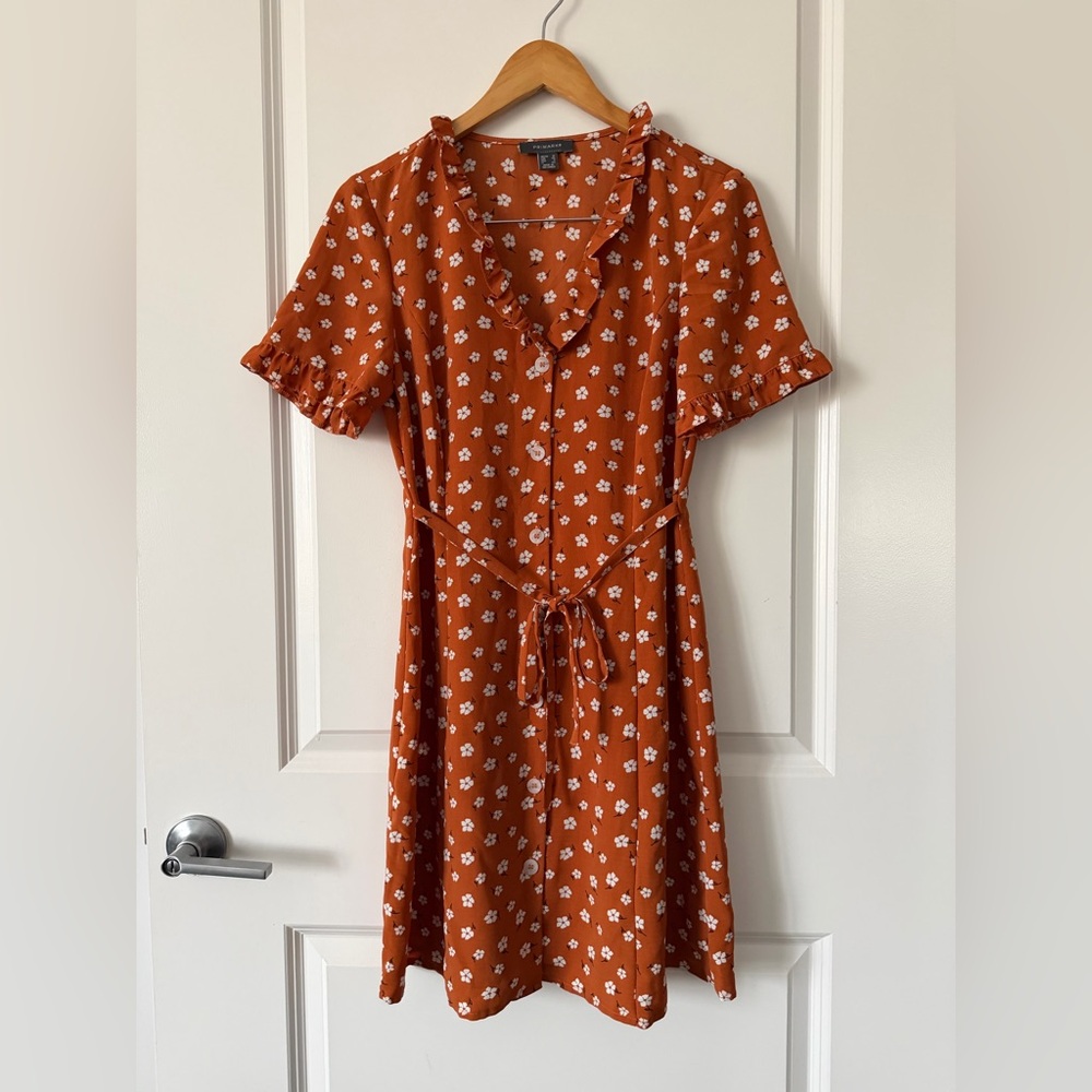 Primark Rust Orange Floral Ruffle Tie-Waist Mini Dress